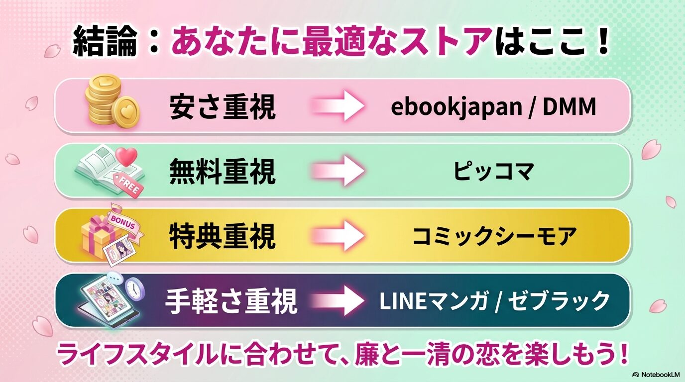 安さ、無料、特典、手軽さの4つの軸で、自分に最適なストアを一覧で確認できる最終まとめスライド