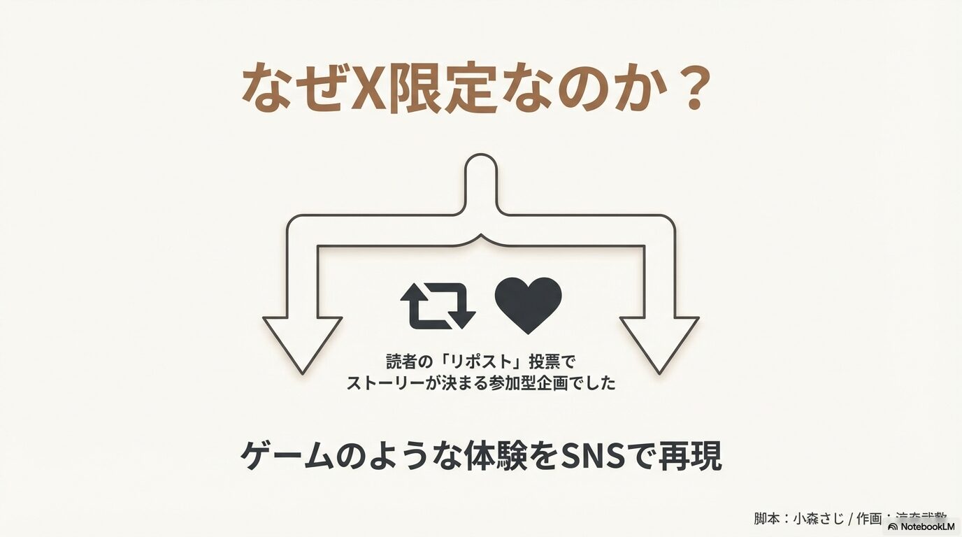 読者のリポストといいねの数でストーリーが分岐するフローチャート図