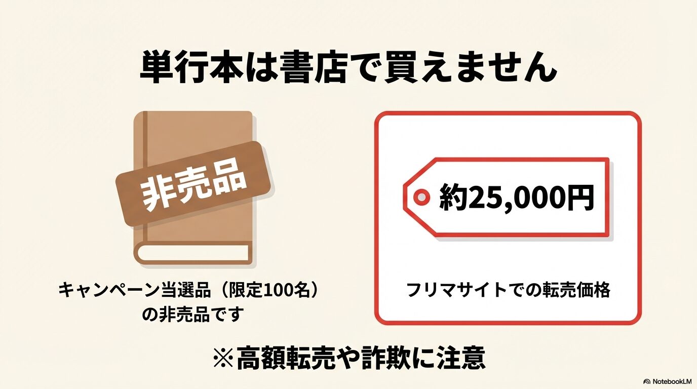 単行本は非売品であり、フリマサイトで約25,000円の高額転売がされている注意喚起