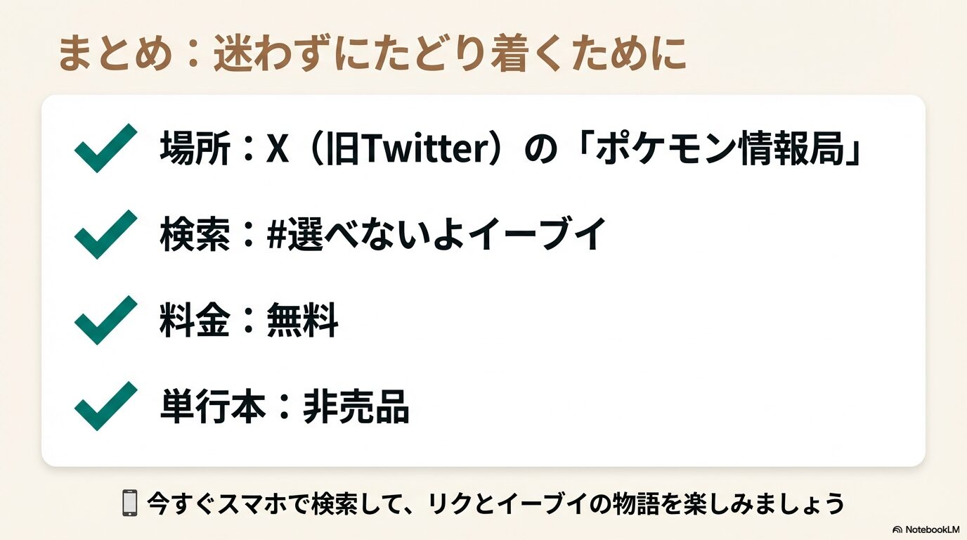 配信場所はX、料金は無料、単行本は非売品であることの総括まとめ画像