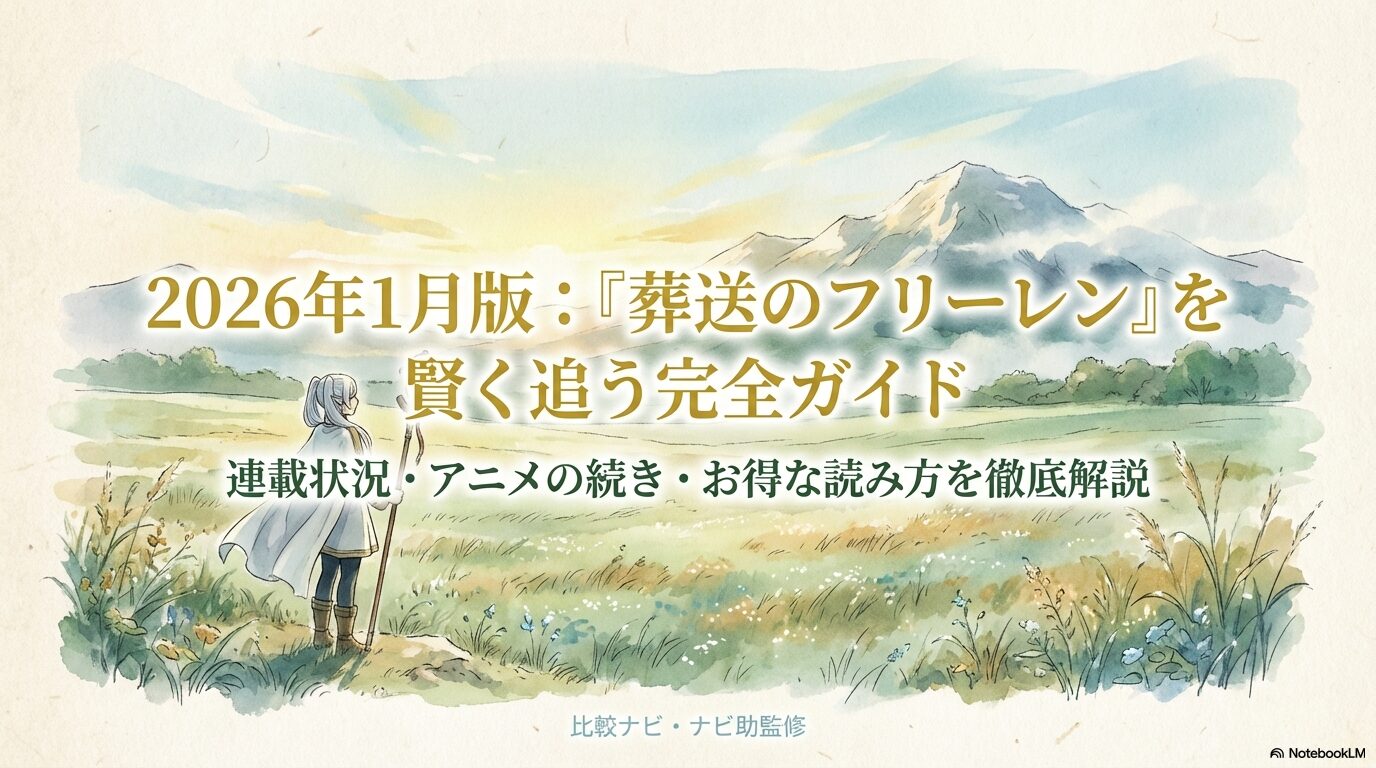 葬送のフリーレンの連載状況、アニメの続き、お得な読み方を解説する2026年1月版ガイドの表紙スライド。