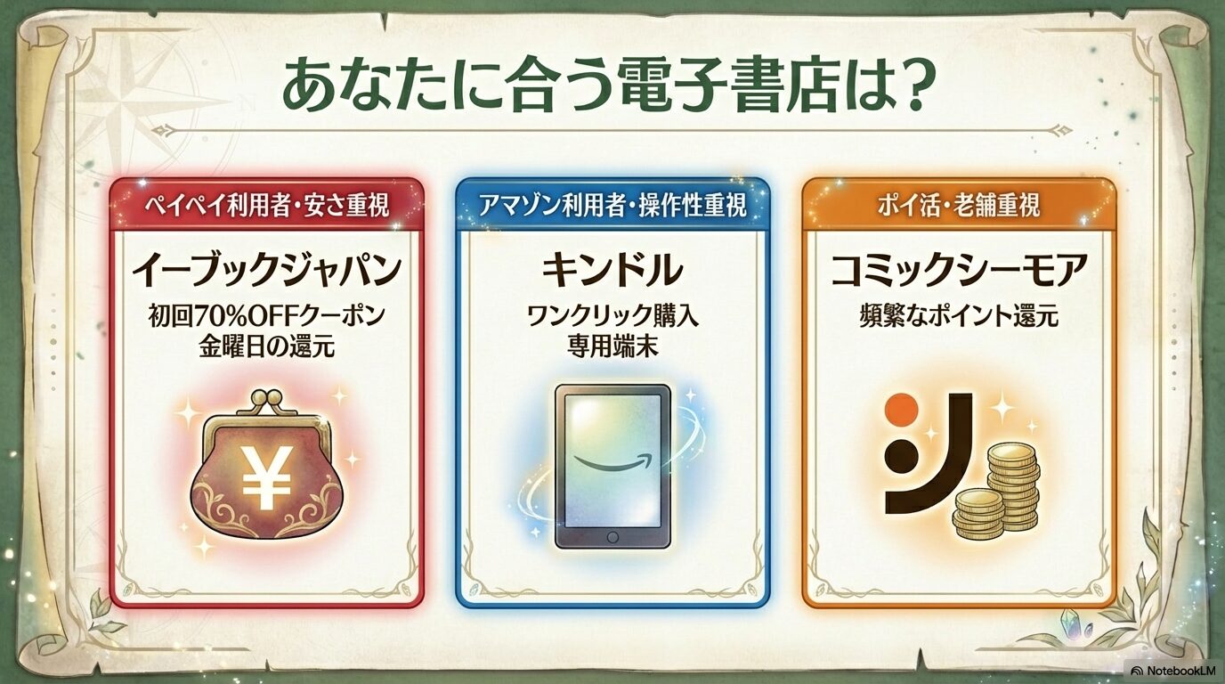ペイペイ利用ならイーブックジャパン、操作性ならキンドル、ポイ活ならコミックシーモアを推奨する比較表。