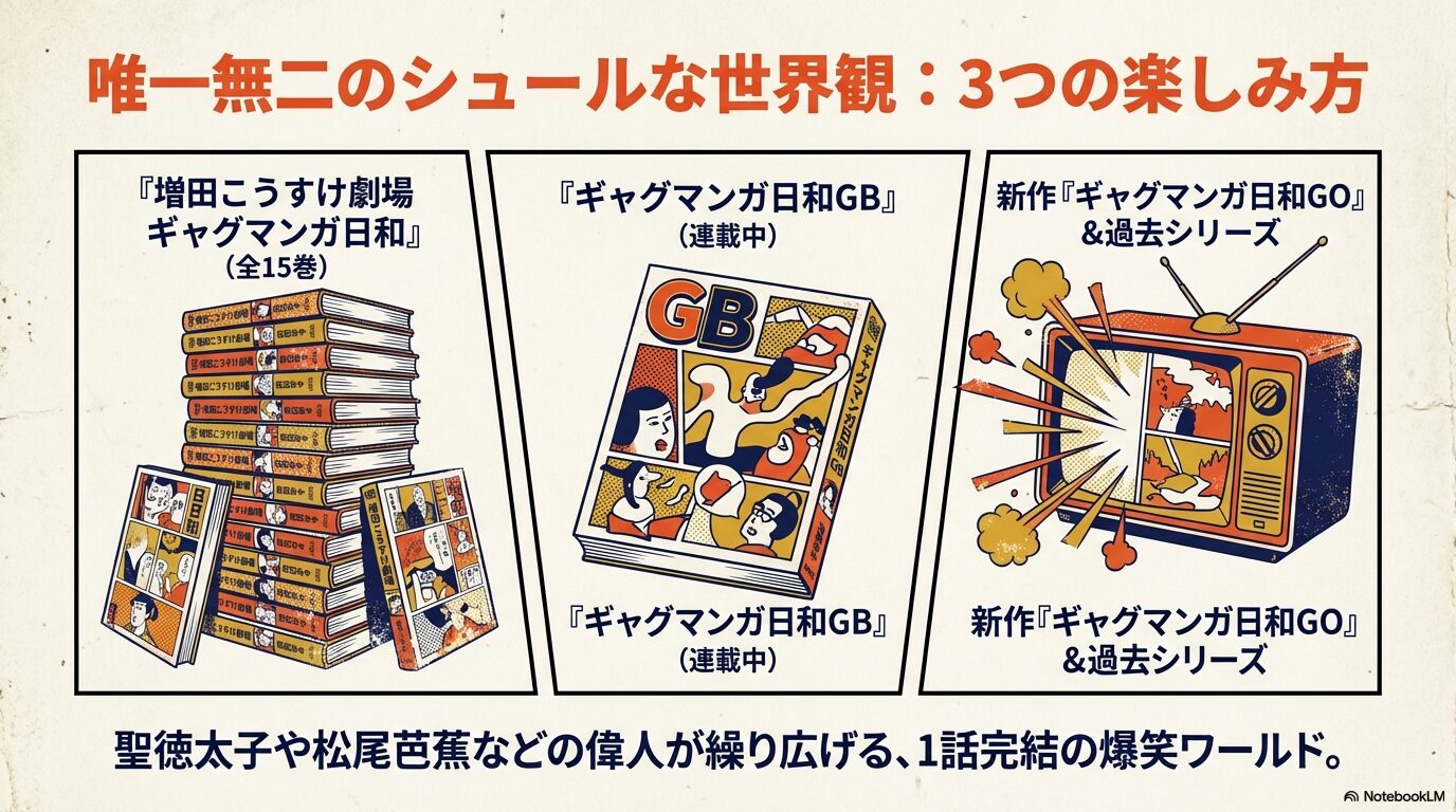 増田こうすけ劇場ギャグマンガ日和の無印全15巻、続編GB、新作アニメGOと過去シリーズの3つの楽しみ方を紹介するスライド画像。