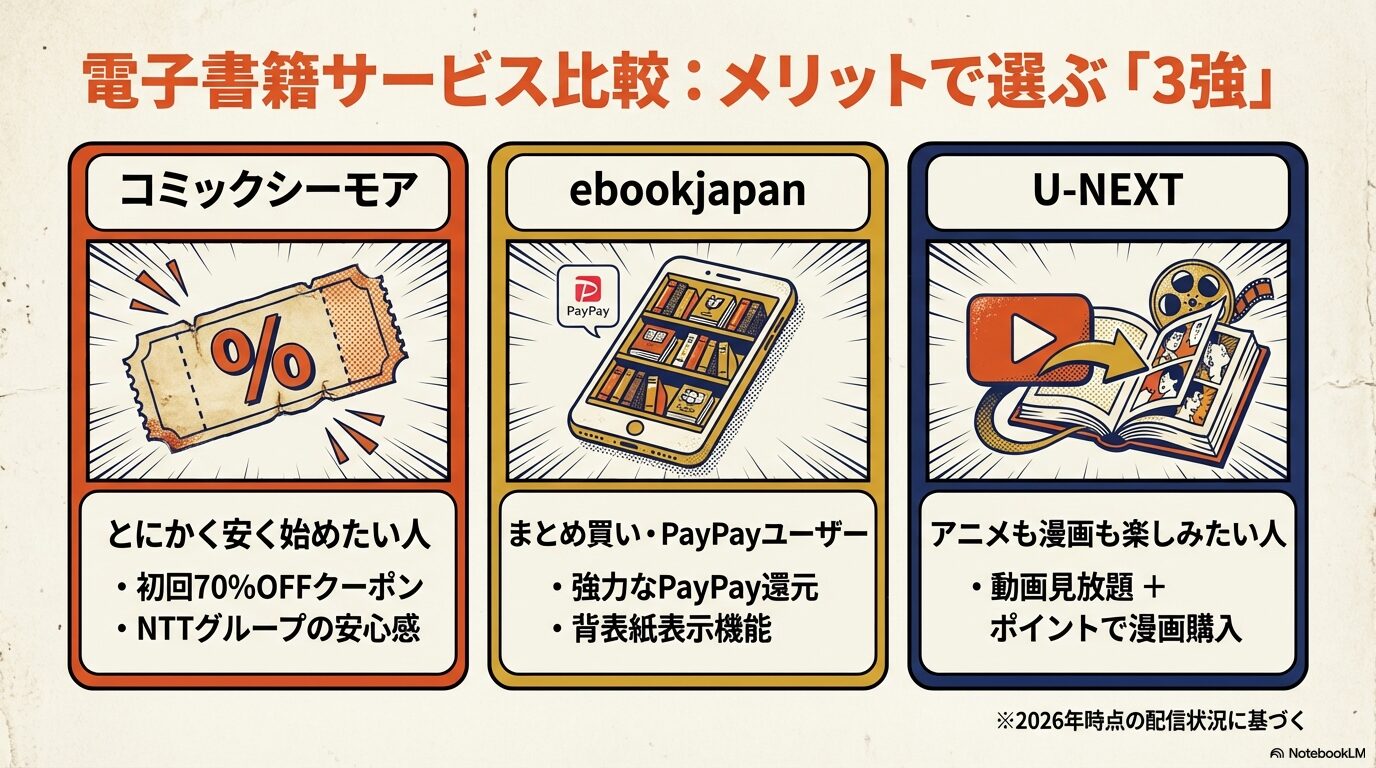 ebookjapan、コミックシーモア、U-NEXTの3社の特徴を比較したスライド。初回クーポンやPayPay還元、動画見放題などのメリットを記載。