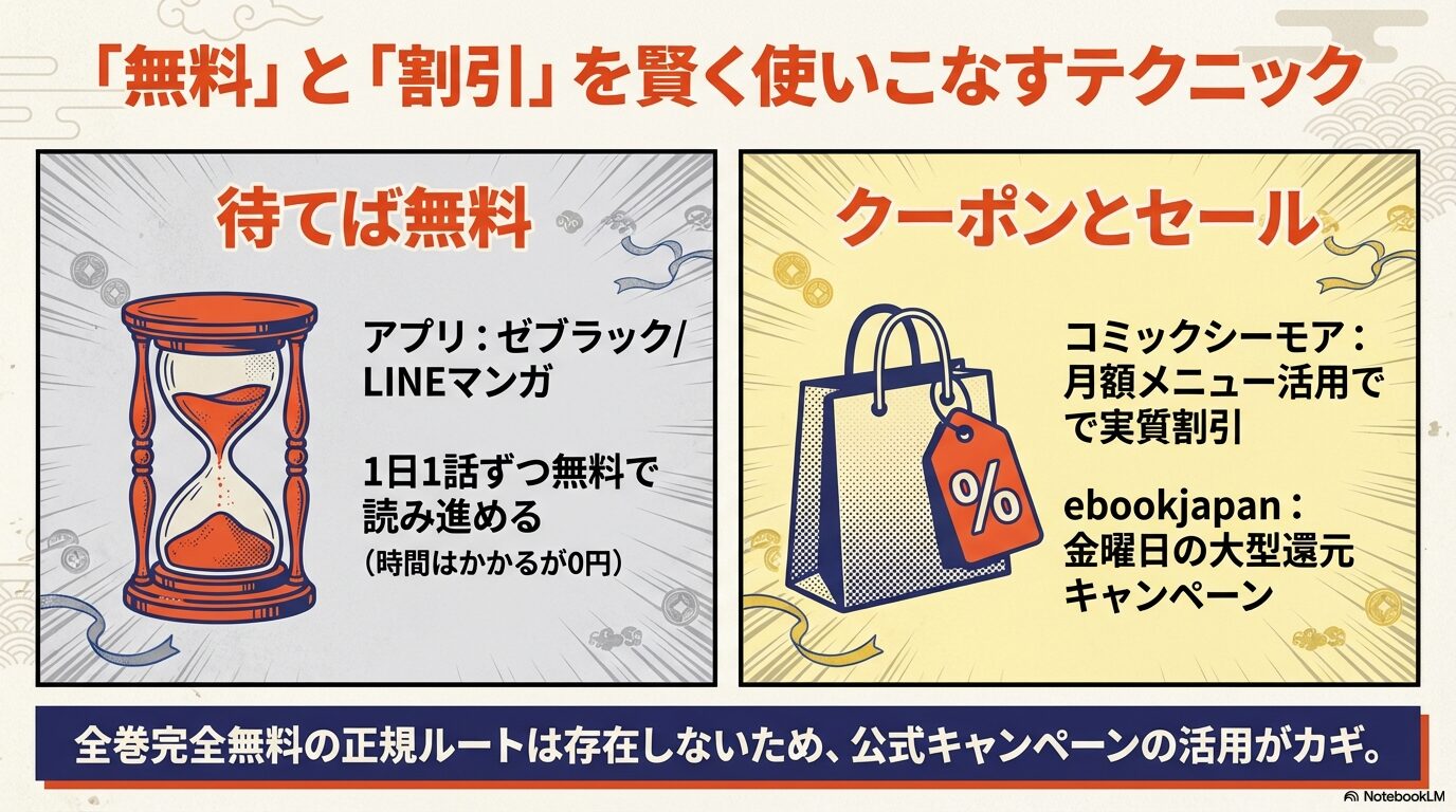 ゼブラックやLINEマンガの「待てば無料」と、シーモアやebookjapanのクーポン・セール情報をまとめたスライド画像。
