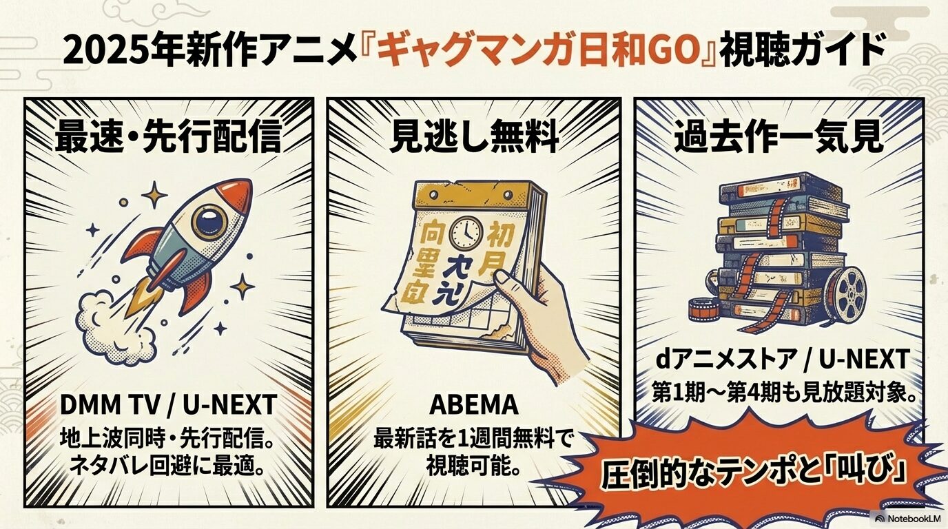 DMM TVやU-NEXTの最速先行配信、ABEMAの見逃し無料、dアニメストアの過去作一気見などの視聴ルートをまとめたスライド。