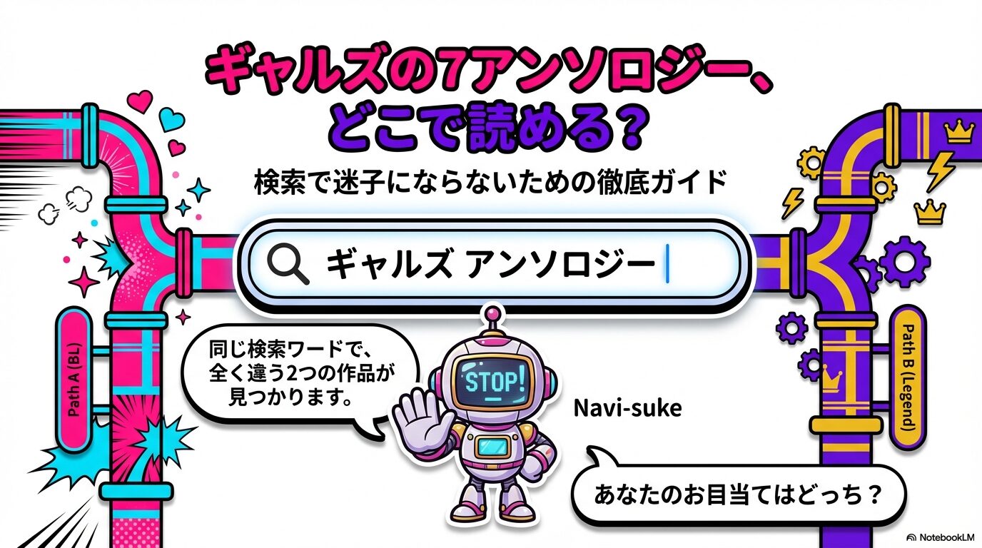 ギャルズアンソロジーがどこで読めるか、検索で迷わないための徹底ガイドスライド。商業BL版と伝説の少女漫画版の2つのルートを紹介。