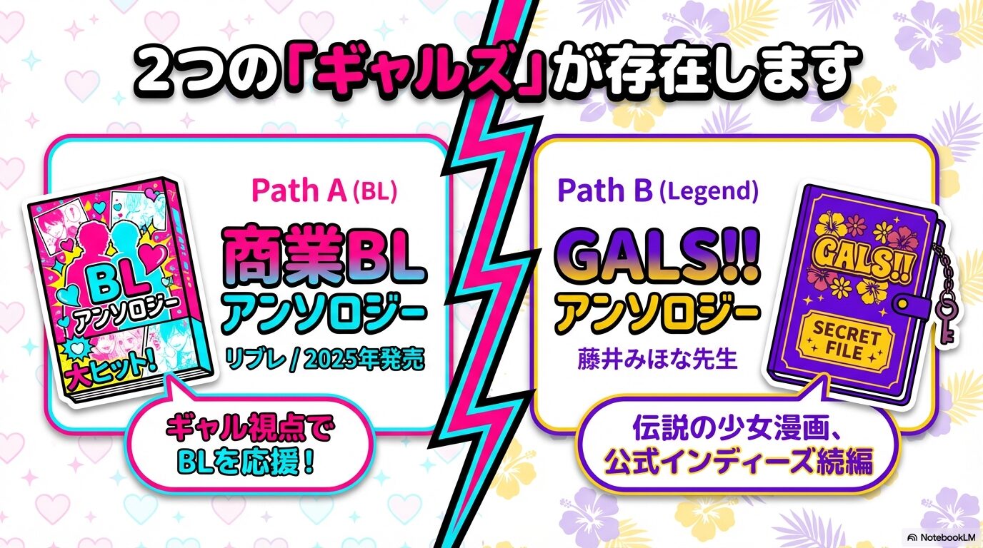 商業BL版（リブレ/2025年発売）と伝説の少女漫画GALS!!（藤井みほな先生/公式インディーズ続編）の2つのアンソロジーの違いを説明するスライド。