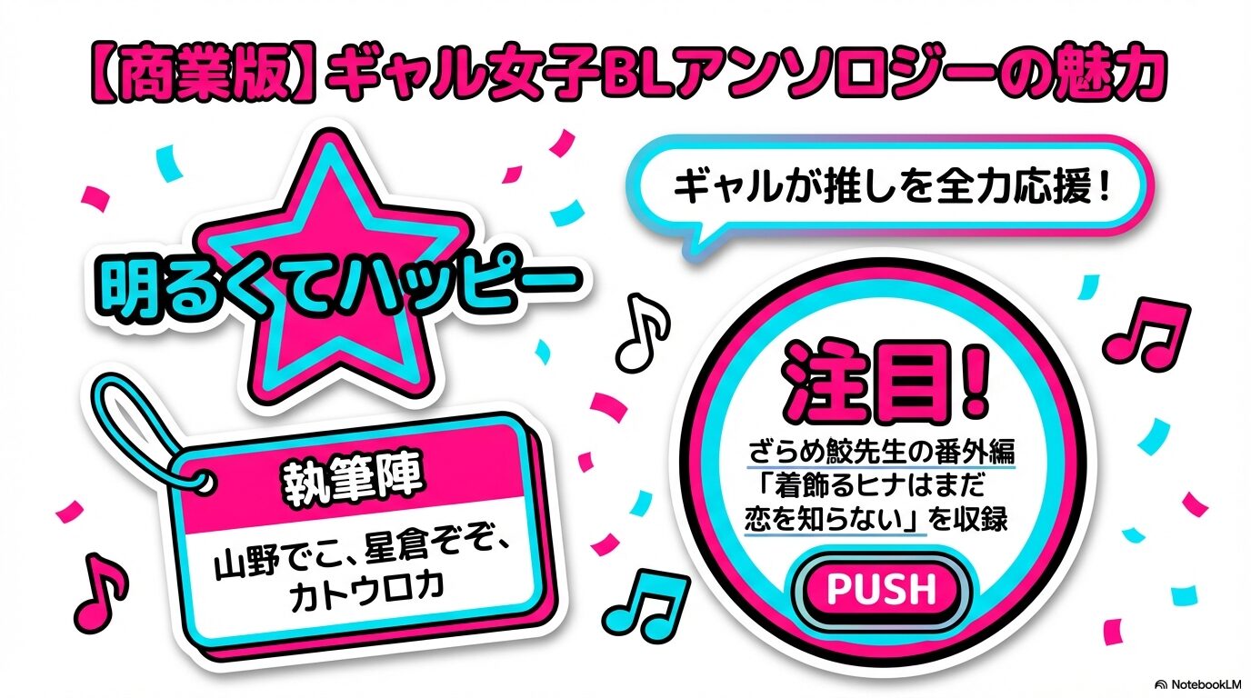 商業版ギャル女子BLアンソロジーの魅力を紹介。山野でこ、ざらめ鮫などの執筆陣や、明るくてハッピーなギャル視点の魅力を解説。
