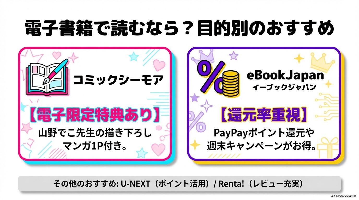 特典重視のコミックシーモア（山野でこ先生の1Pマンガ付き）と、還元率重視のeBookJapan（PayPay還元）のおすすめポイントを紹介するスライド。