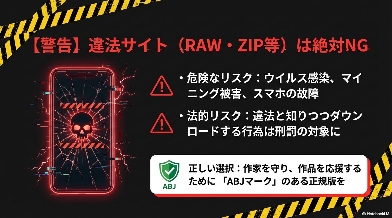 違法サイト利用によるウイルス感染、スマホの故障、法的罰則などのリスクを警告するスライド