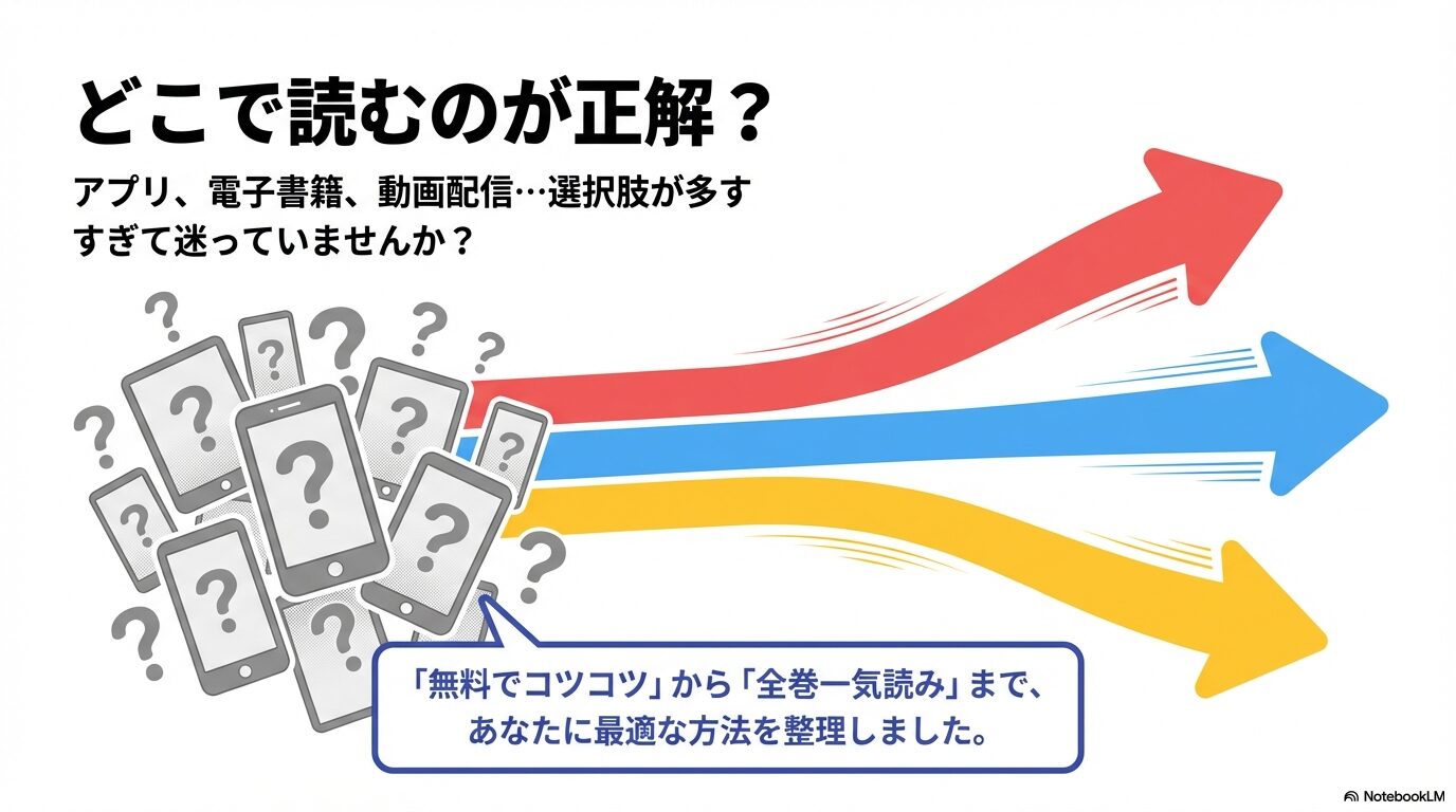 『合コンに行ったら女がいなかった話』を無料でコツコツ読む方法から全巻一気読みまで整理したスライド画像。