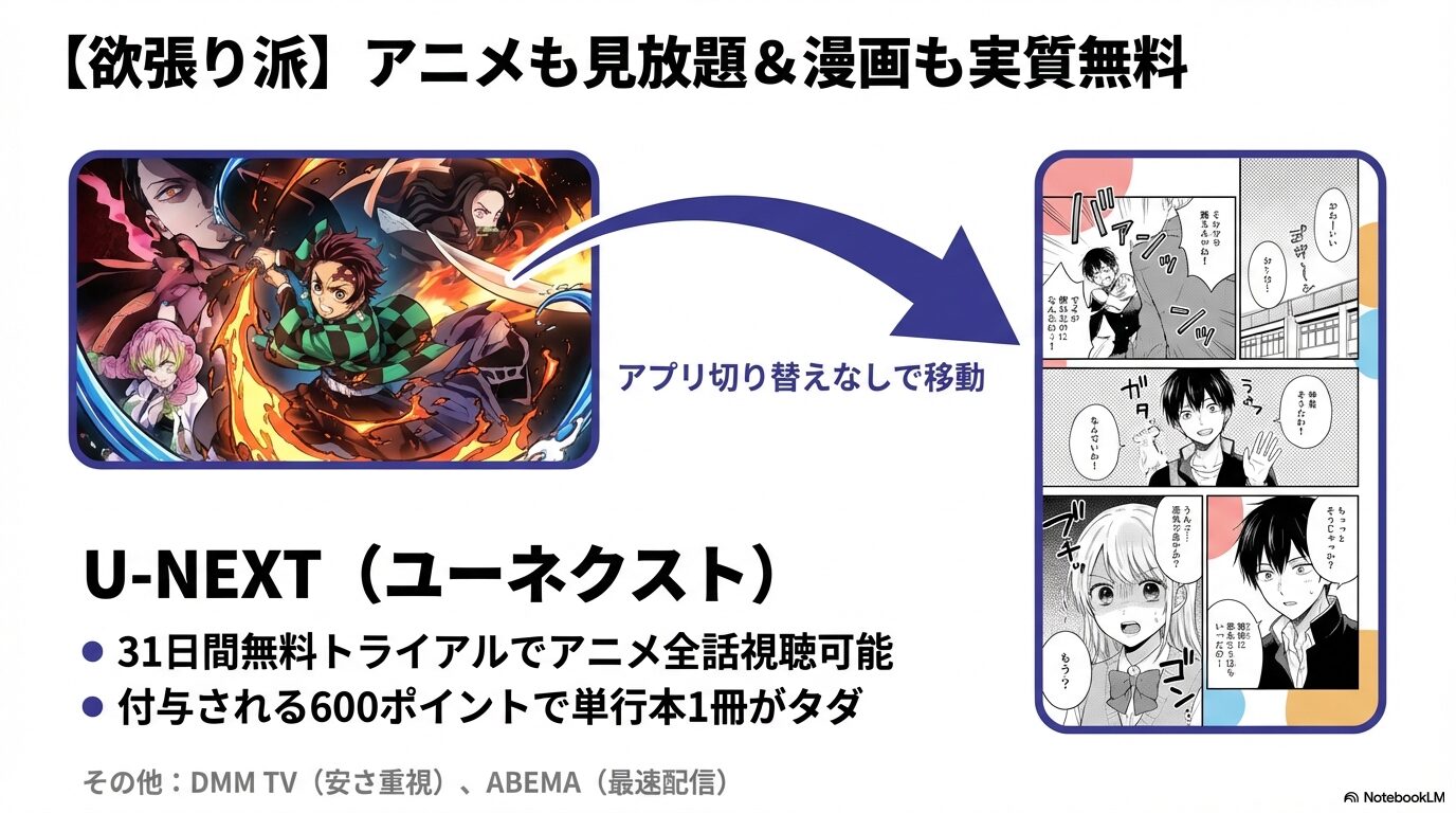 U-NEXTの31日間無料トライアルでアニメを全話視聴し、付与されるポイントで漫画1冊を無料で読む方法を紹介するスライド。