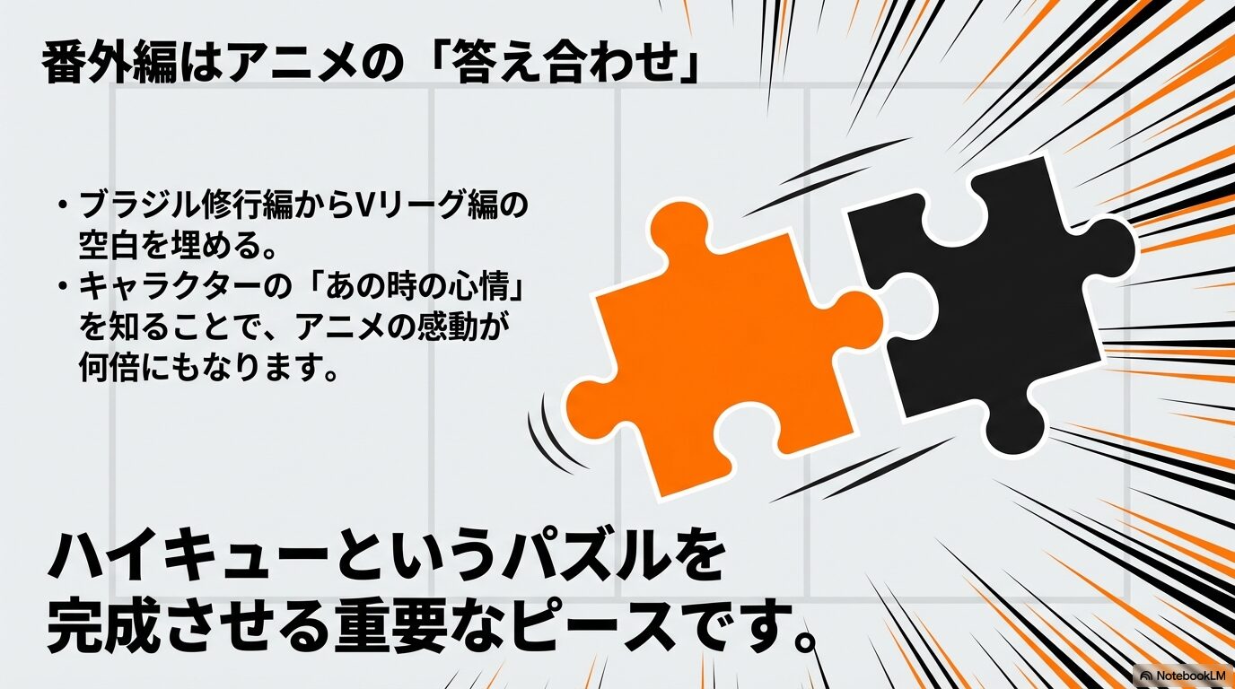 番外編がブラジル修行編からVリーグ編の空白を埋め、キャラクターの心情を知ることでアニメの感動を深めるパズルのピースであることを示すスライド。