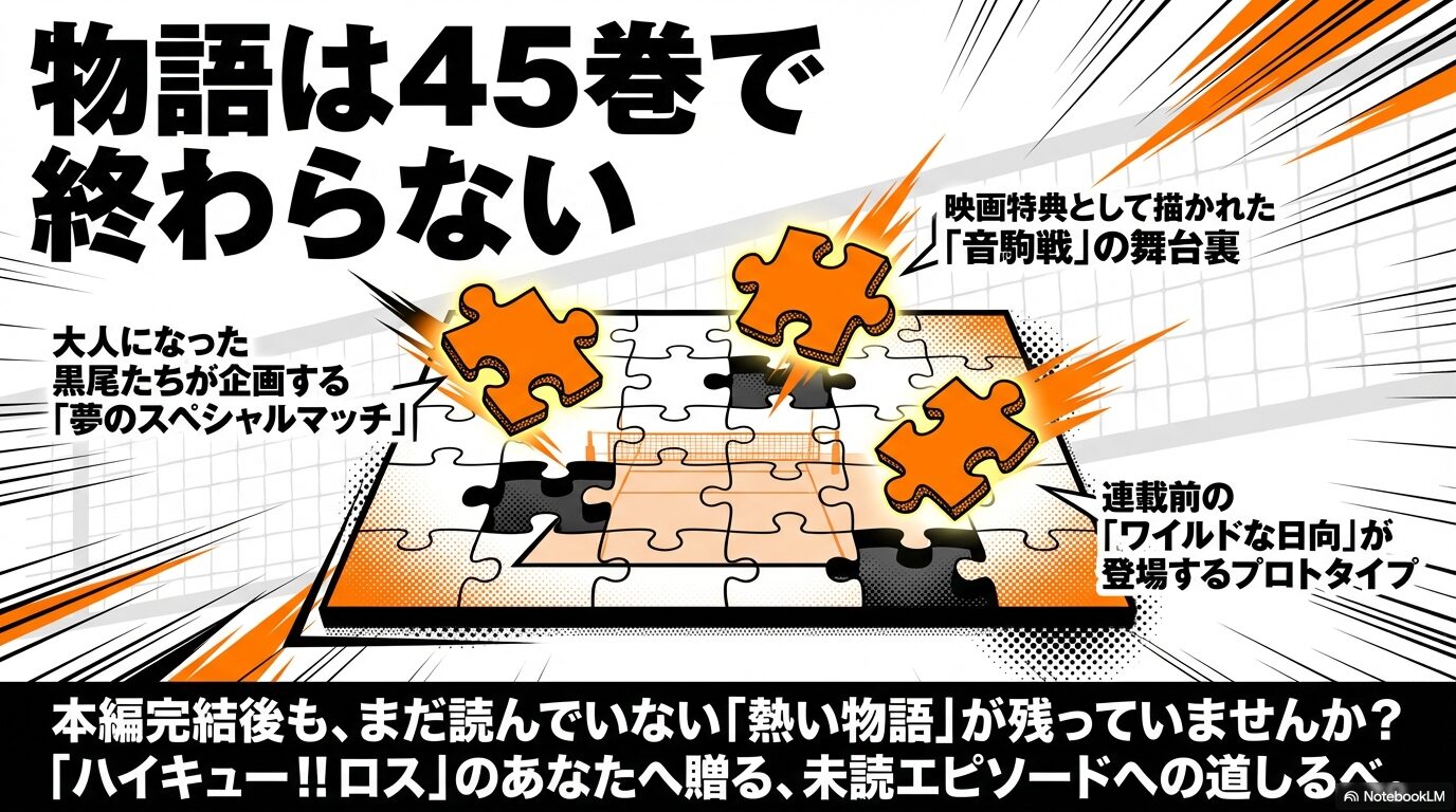完結後の物語や映画特典、連載前プロトタイプなどハイキュー読み切りの見どころを紹介するスライド。