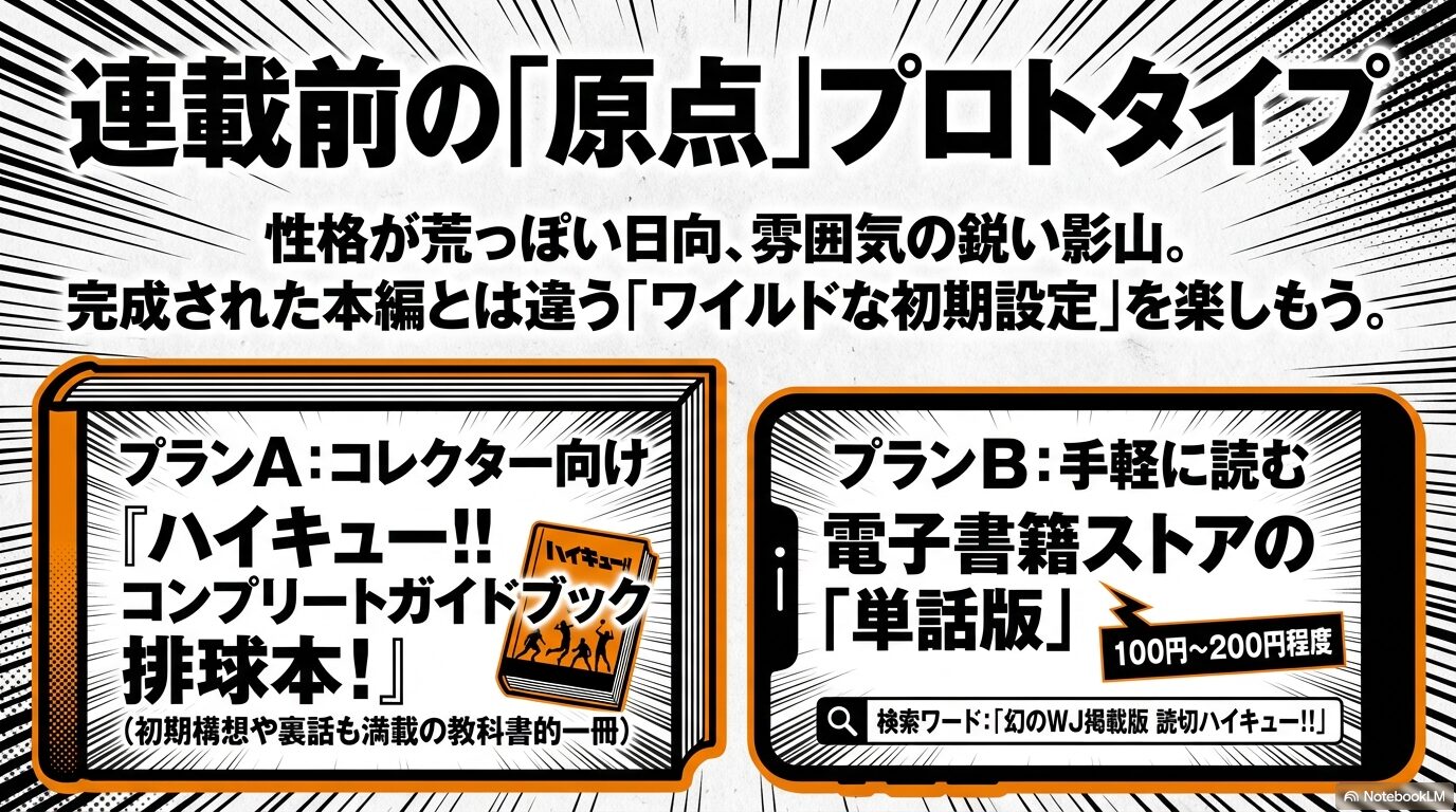 初期設定の日向と影山が登場するプロトタイプ版を「排球本」や「単話版」で読むプランを提案するスライド。