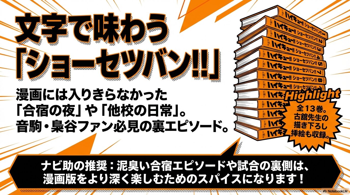 漫画には入りきらなかった合宿の夜や他校の日常を描いた小説版ハイキュー「ショーセツバン」の魅力を紹介するスライド。