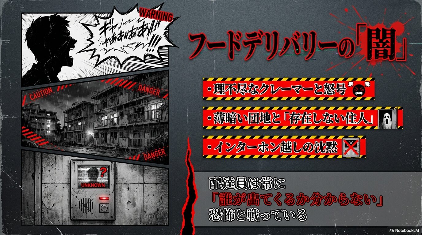 配達員が180cm超えの巨体と鋭い眼光を持つお姉さんに圧倒されるシーンの説明スライド