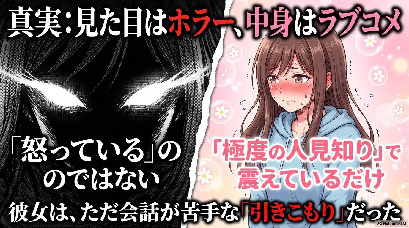 怖すぎる見た目のお姉さんは実は極度の人見知りで震えていただけという真相を解説したスライド