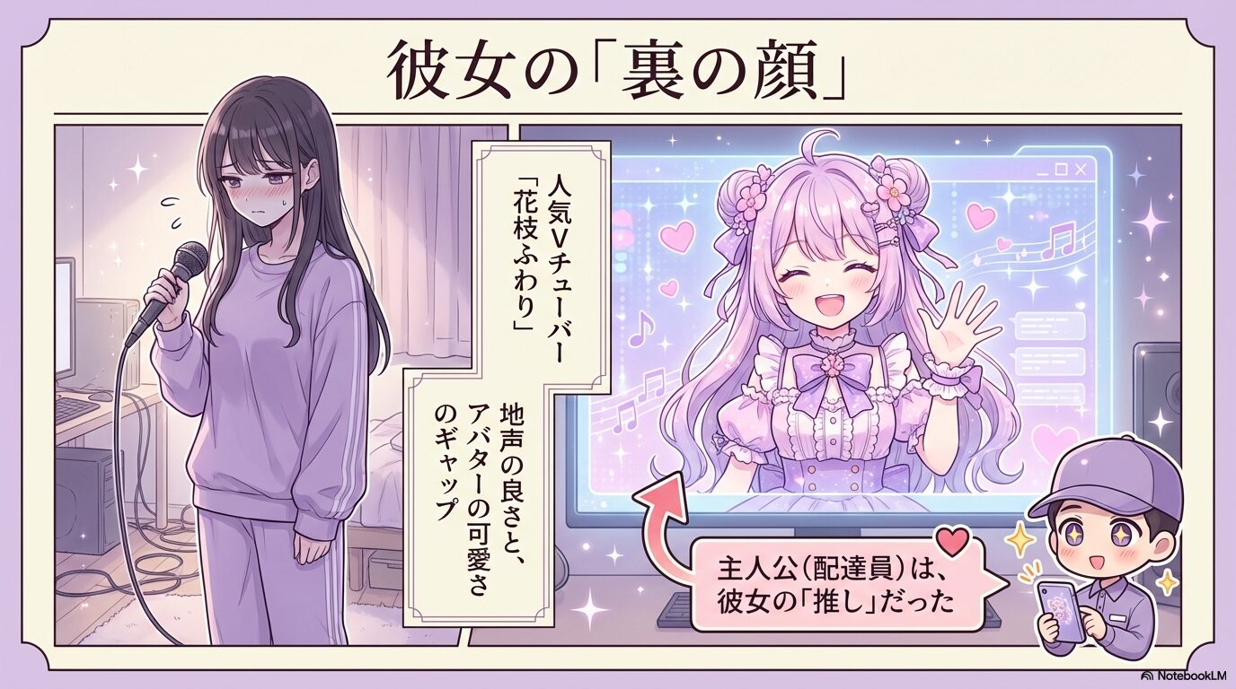 お姉さんの正体が人気Vチューバー花枝ふわりであり、アバターと地声のギャップを説明する画像