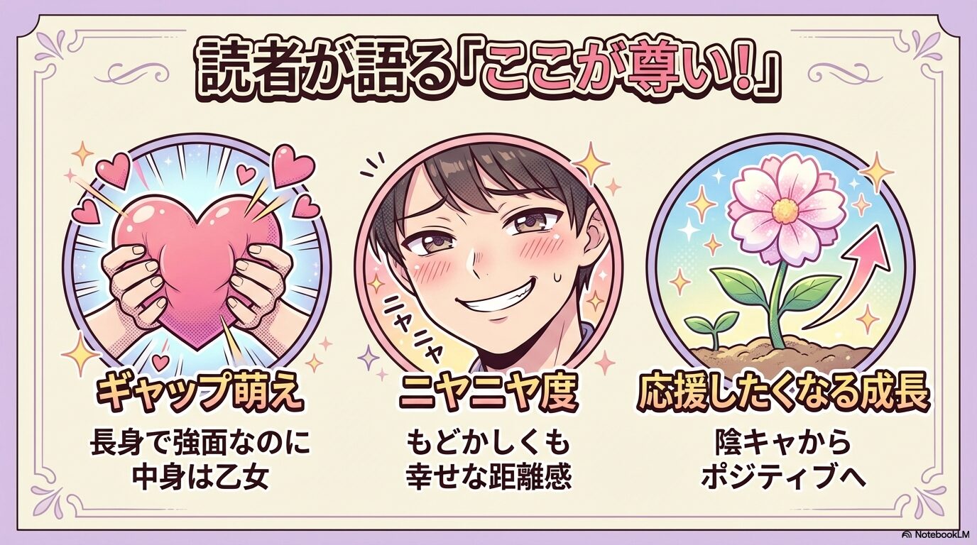 高身長ヒロインやじれったい恋愛を楽しみたい人など、本作のターゲット層をまとめたスライド