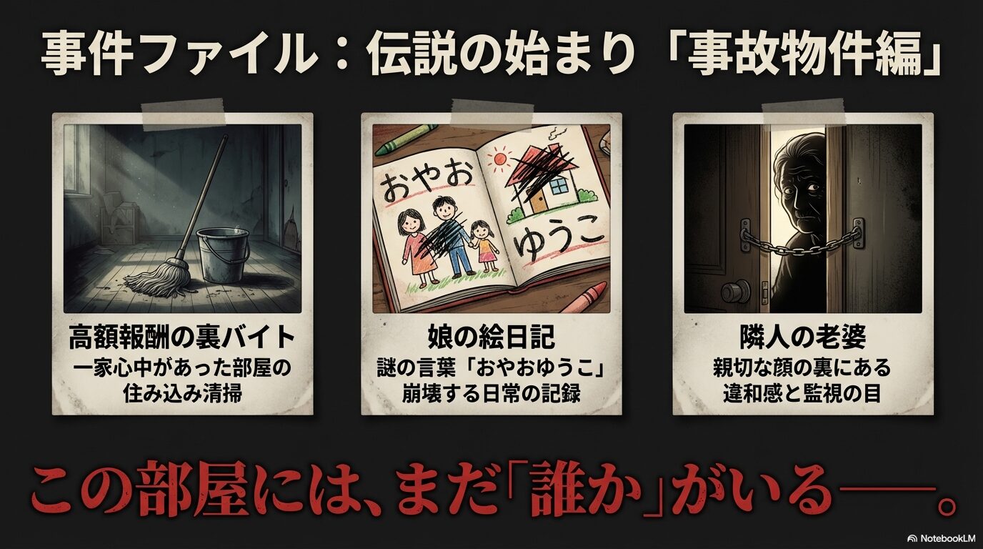 高額報酬の裏バイト、一家心中があった部屋、娘の絵日記、隣人の老婆といった「事故物件編」の重要要素をまとめたスライド