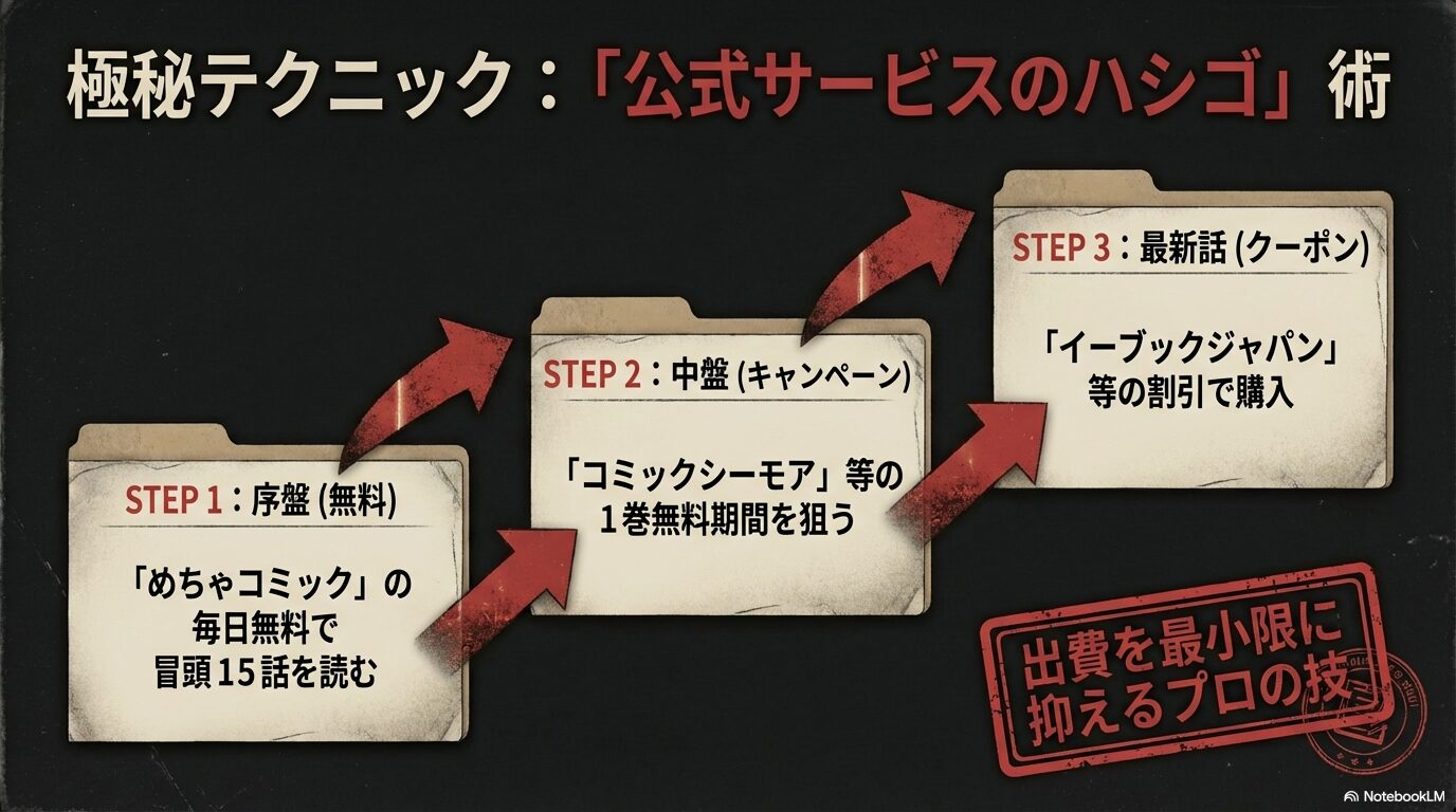 代替テキスト： めちゃコミック、シーモア、ebookjapanを使い分けてお得に読むための「ハシゴ術」STEP1からSTEP3までを解説したスライド