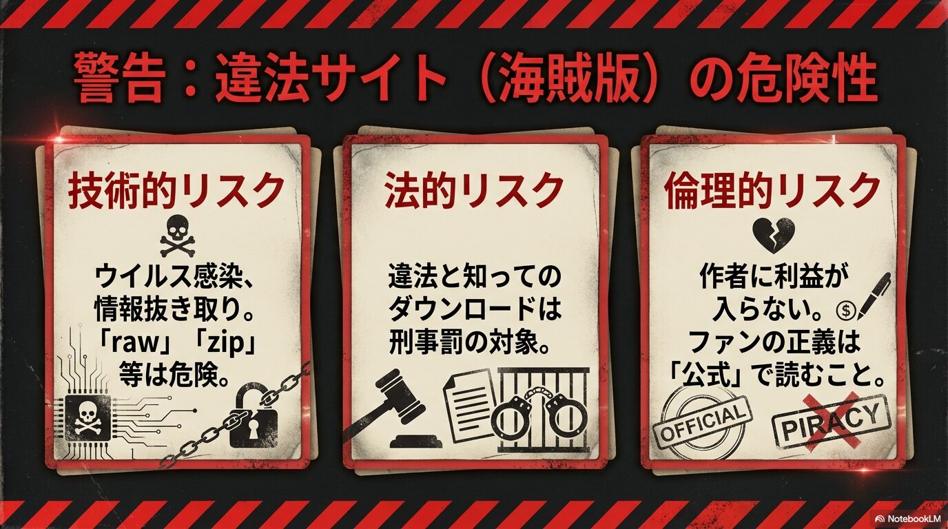 代替テキスト： 違法サイト利用による技術的リスク（ウイルス）、法的リスク（刑事罰）、倫理的リスク（作者利益）を警告するスライド