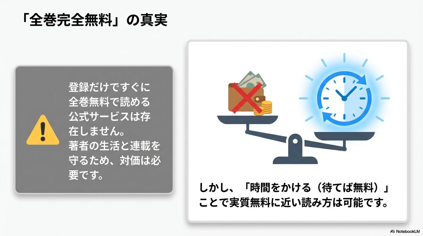 登録だけですぐに全巻無料で読める公式サービスは存在しないことを示す図解
