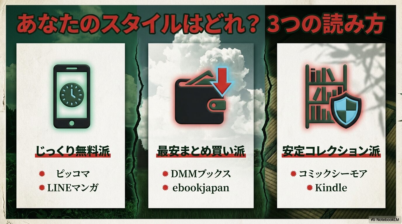 じっくり無料派、最安まとめ買い派、安定コレクション派の3つの購読スタイルの紹介