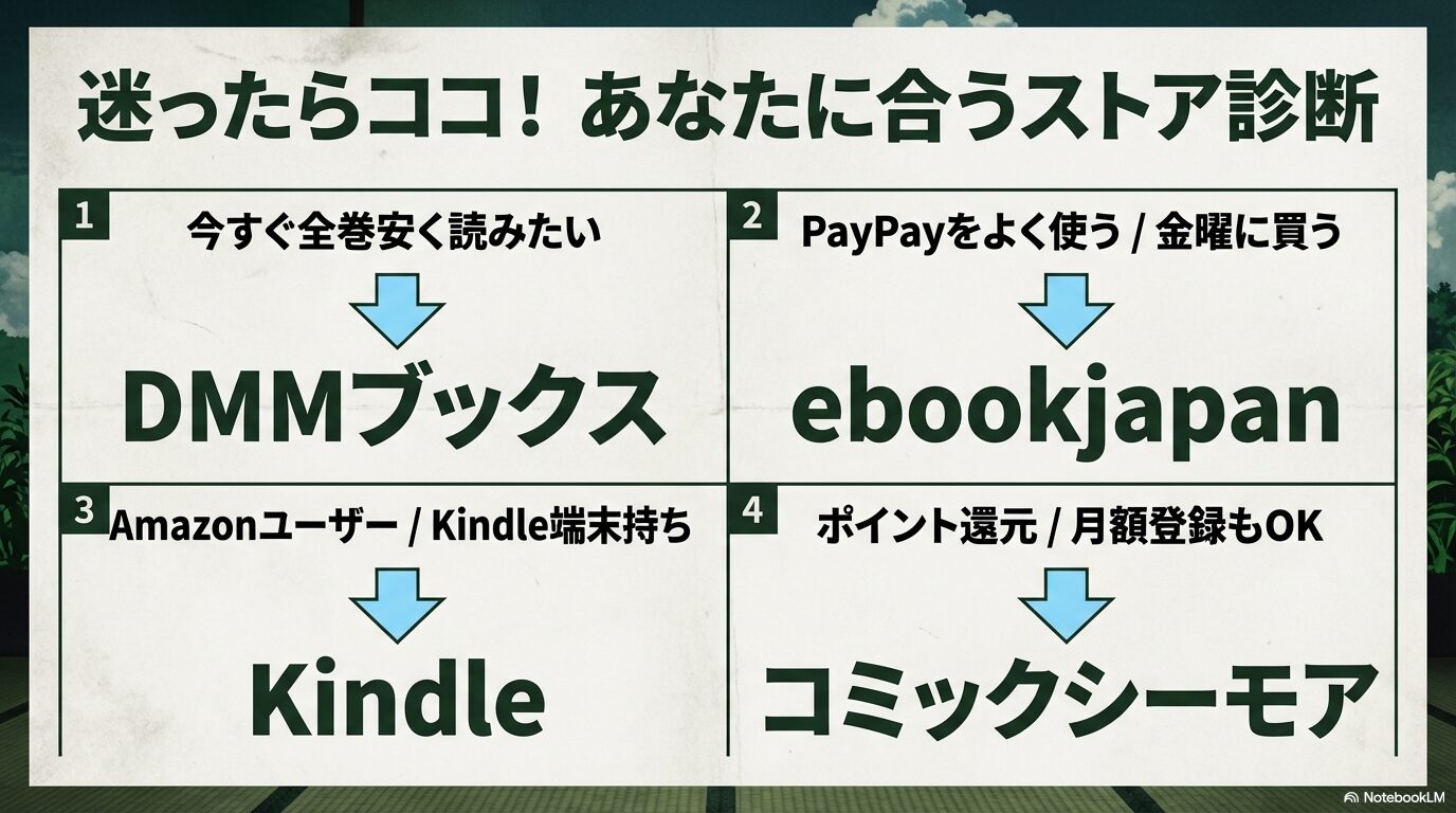 欲しい条件に合わせてDMMブックス、ebookjapan、Kindle、シーモアを診断する表