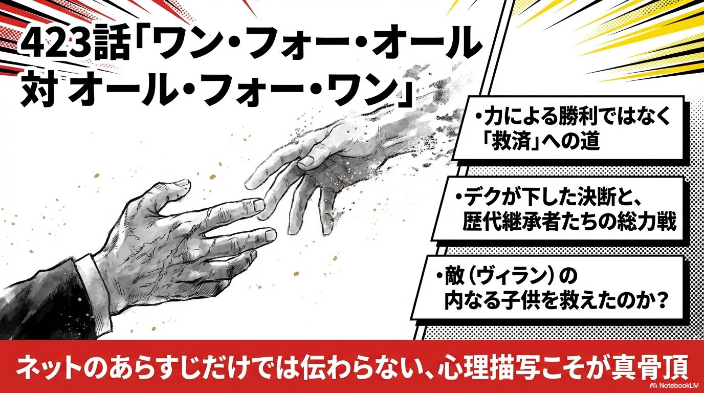 第423話のテーマである「救済」と、デクの決断、歴代継承者たちの戦いをまとめた解説スライド。心理描写の重要性を強調。