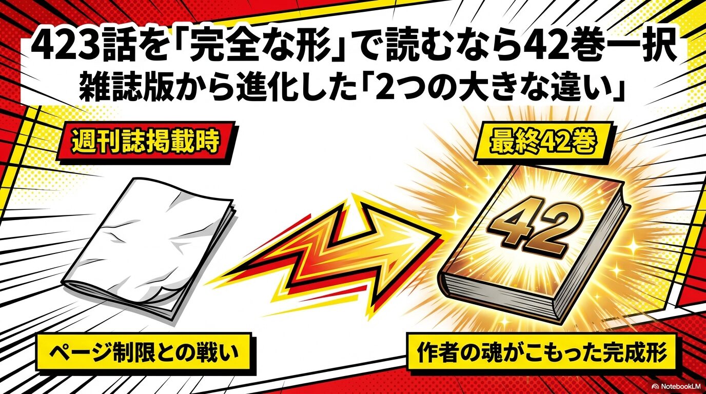 週刊誌掲載時から単行本42巻へ、作者の魂がこもった完成形へと進化した「加筆修正」と「描き下ろし」の2大ポイントを紹介するスライド。
