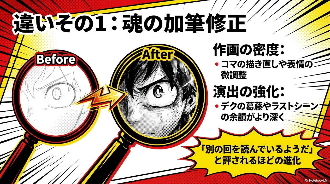 42巻での加筆修正を解説するスライド。コマの描き直しや表情の微調整、演出の強化により「別の回を読んでいるよう」と評される進化を説明。
