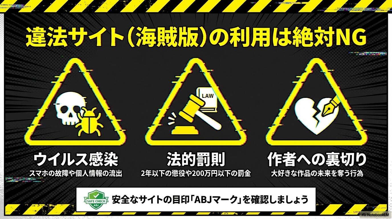 海賊版サイト利用のNG警告スライド。ウイルス感染、法的罰則（懲役・罰金）、個人情報流出のリスクと、安全なABJマークの確認を促す内容。