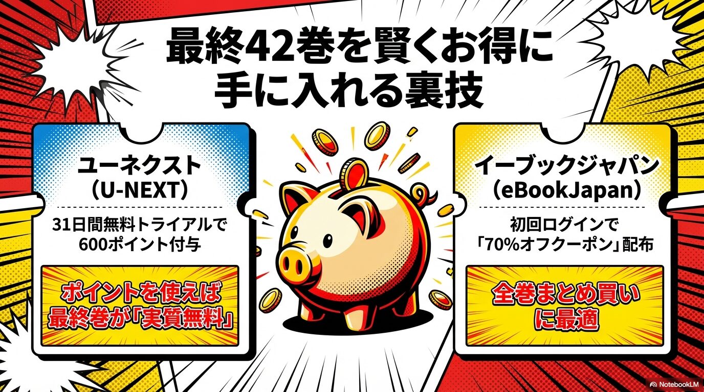 U-NEXTの無料トライアル（600pt付与）やeBookJapanの70%OFFクーポンなど、ヒロアカ最終巻を賢くお得に読む方法をまとめたスライド。