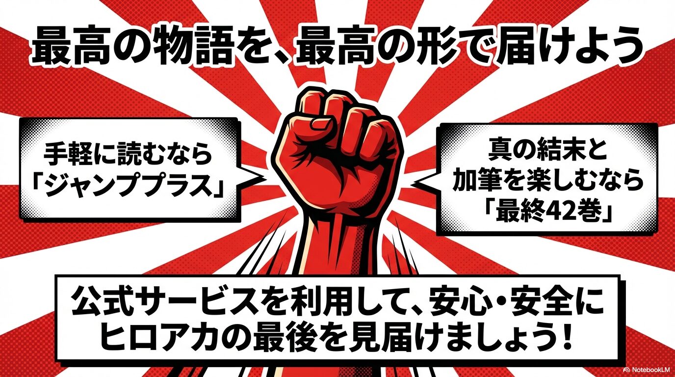 記事の総括スライド。手軽に読むなら「ジャンププラス」、真の結末を楽しむなら「最終42巻」という公式サービスの利用を推奨するまとめ。