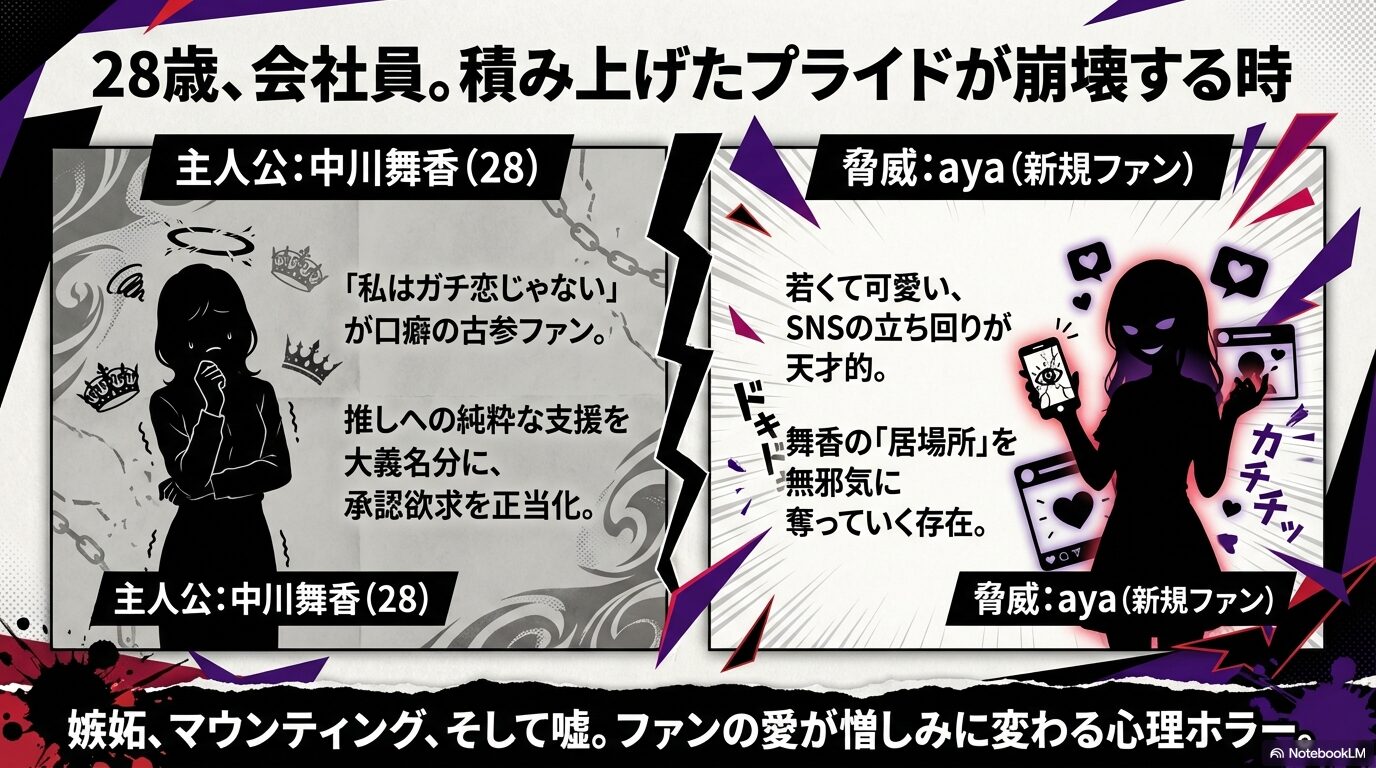 主人公・中川舞香(28歳会社員・古参ファン)と、彼女の居場所を奪う脅威の新規ファンayaのキャラクター紹介。嫉妬とマウンティングが渦巻く心理ホラー。
