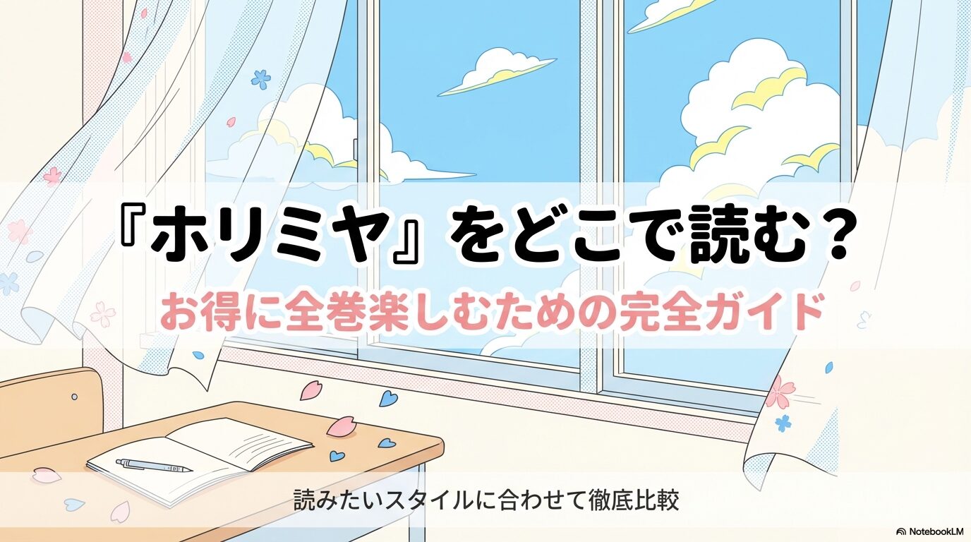 マンガ「ホリミヤ」をどこで読むか、読みたいスタイルに合わせて徹底比較するガイドの表紙スライド。