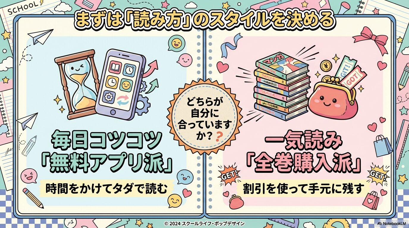 毎日コツコツ時間をかけてタダで読む「無料アプリ派」と、一気に読んで割引を使って手元に残す「全巻購入派」を比較するスライド。