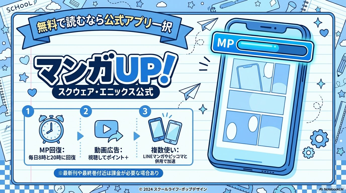 マンガUP!のMP回復(8時と20時)、動画広告視聴でのポイント追加、他アプリとの併用について解説したスライド。