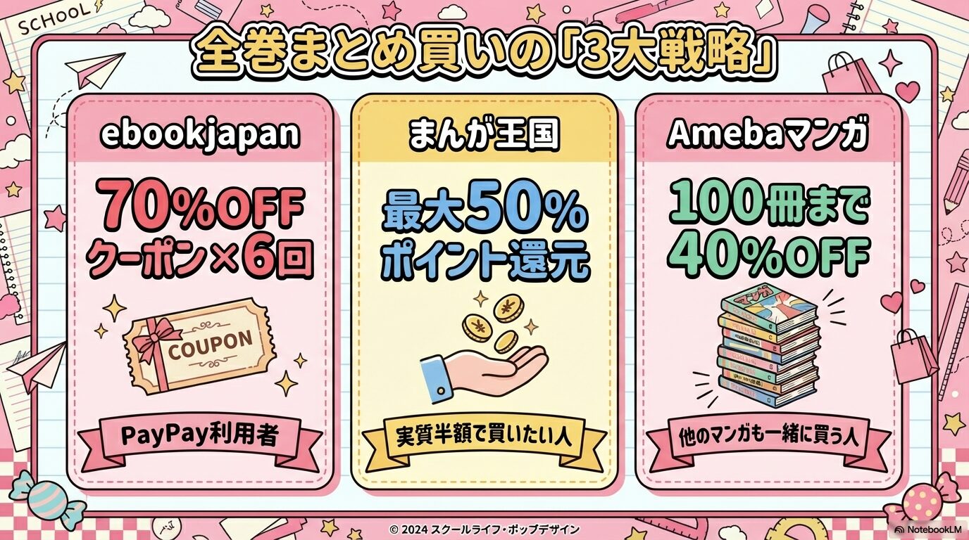 ebookjapanの70%OFFクーポン、まんが王国の最大50%ポイント還元、Amebaマンガの100冊まで40%OFFを紹介するスライド。