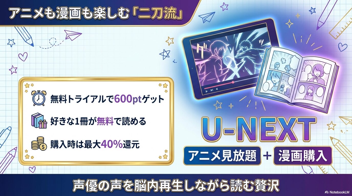 無料トライアルで600pt獲得、アニメ見放題と漫画購入の併用、購入時の最大40%還元について解説したスライド。