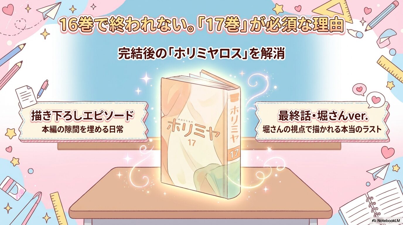 描き下ろしエピソードや、堀さん視点の最終話が収録された17巻の魅力を紹介するスライド。