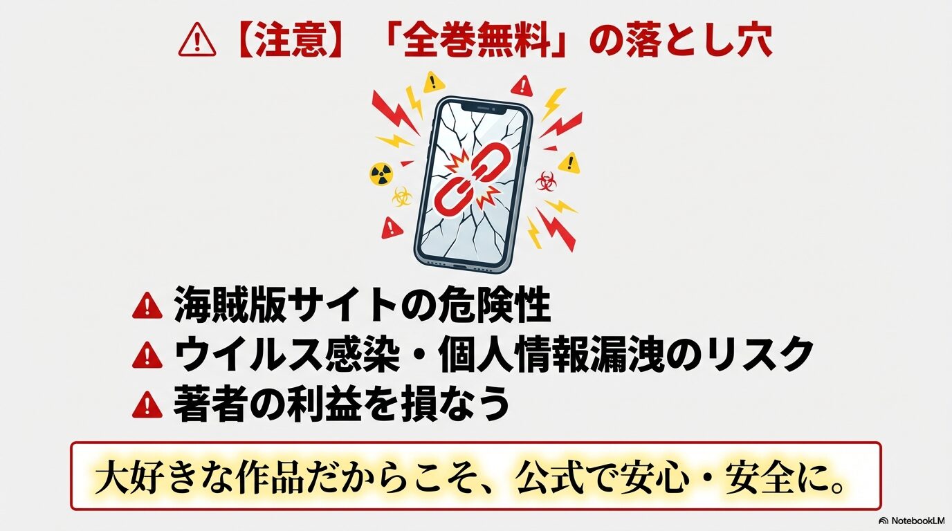 ウイルス感染や個人情報漏洩のリスク、著者の利益毀損など海賊版サイトのデメリットを警告するスライド。