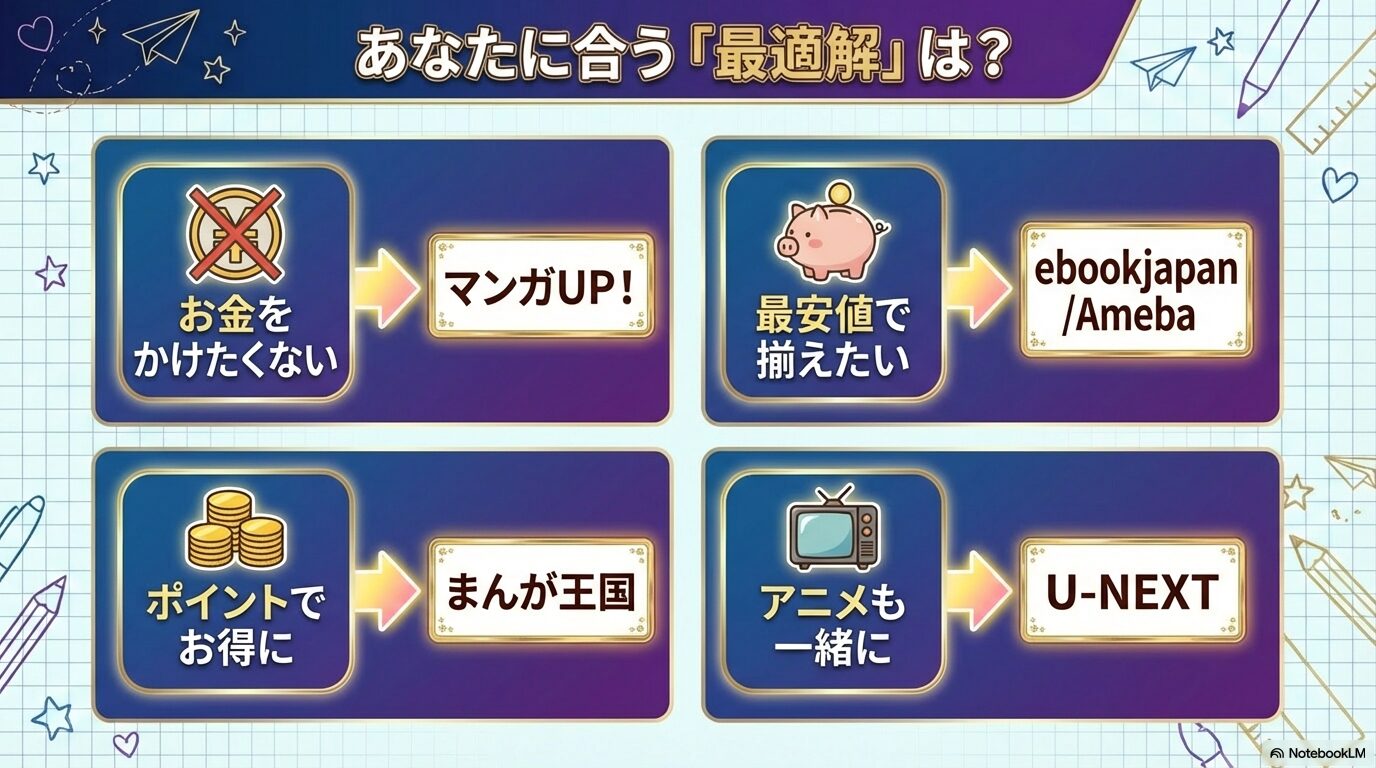 お金をかけたくない、最安値で揃えたい、アニメも一緒に楽しみたい等の目的別におすすめサービスをまとめたスライド。