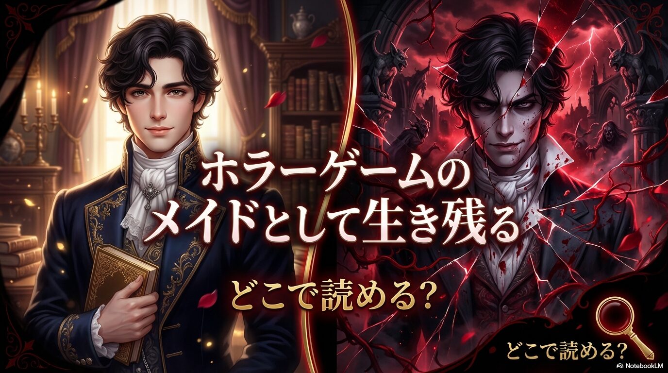 代替テキスト： マンガ「ホラーゲームのメイドとして生き残る」のタイトルと、どこで読めるかを調査したスライドの表紙。