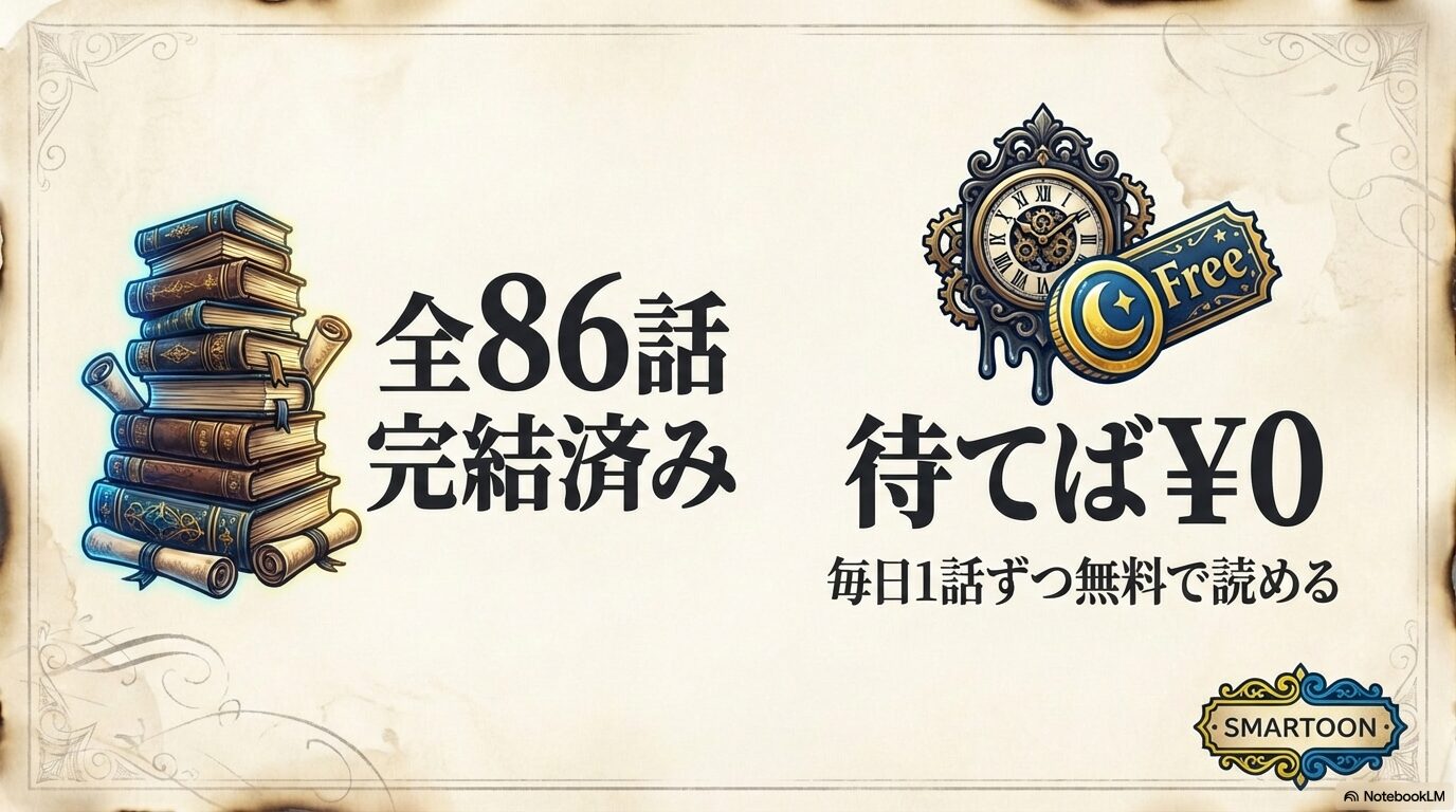 全86話で完結済み。ピッコマの「待てば¥0」機能を使って、毎日1話ずつ無料で読めるSMARTOON形式の作品解説。