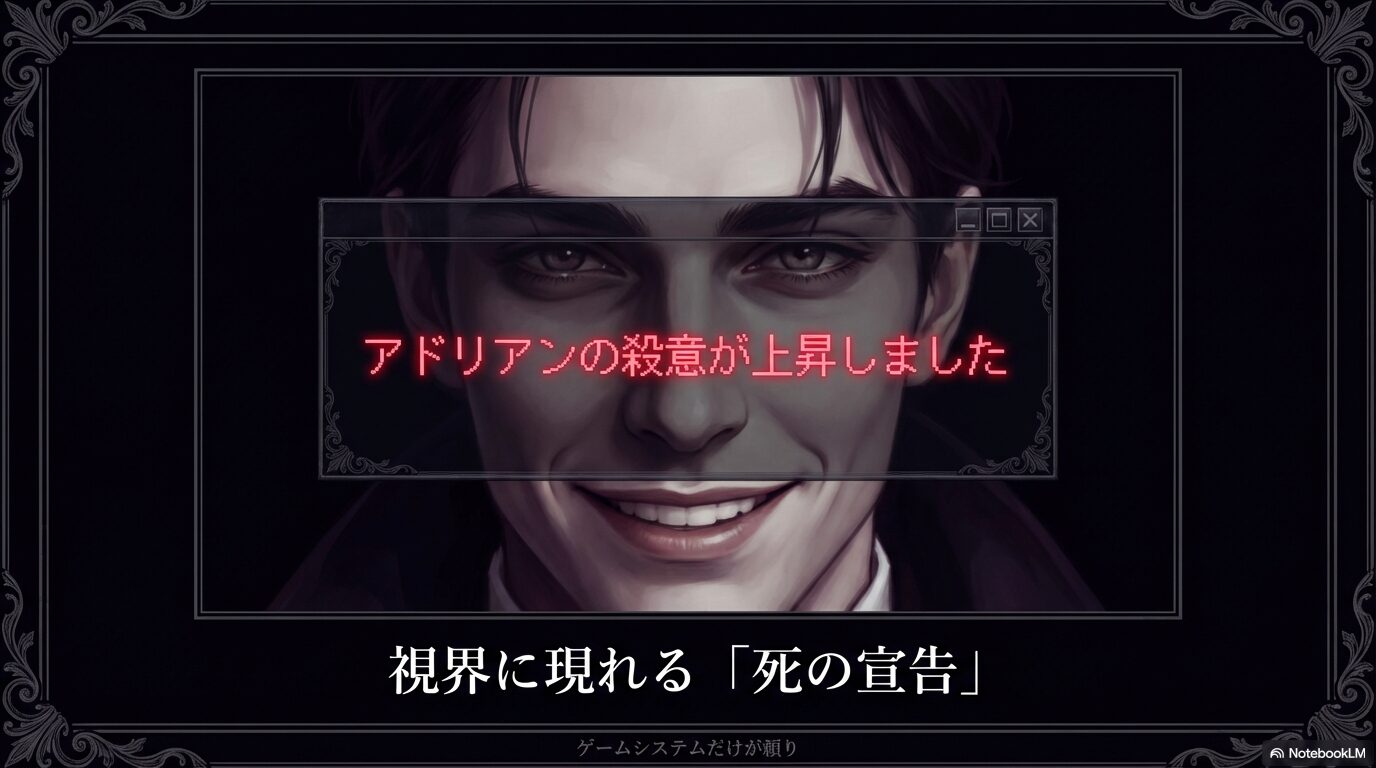 ゲームシステム「アドリアンの殺意が上昇しました」という視界に現れる死の宣告と、システムに頼る生存戦略の解説。