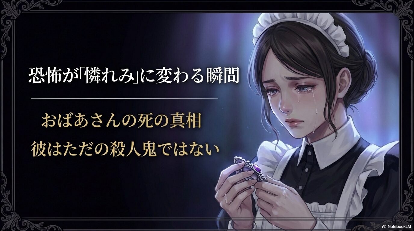 ばあさんの死の真相を知り、恐怖が憐れみに変わる瞬間。彼はただの殺人鬼ではないという物語の核心。